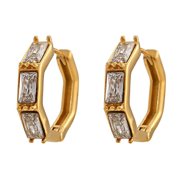 Zircon Small‎ Hoop Earrings Bamboo Shaped 18K Gold Plated - Picture 1 of 8